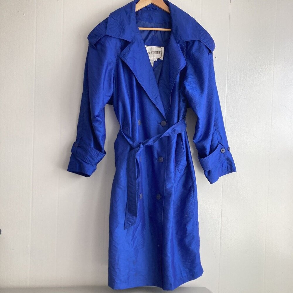 VTG La Vogue Blue Trench Coat Rain Coat Midi Accordion Pleated Cape Back Sz 10